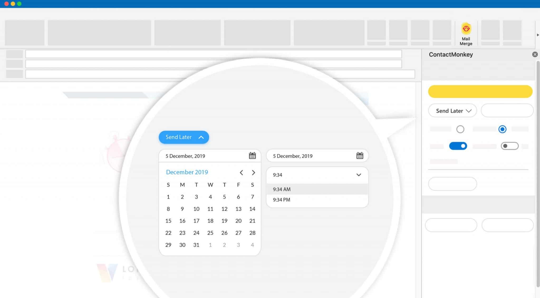 Email scheduling using ContactMonkey's sidebar application.