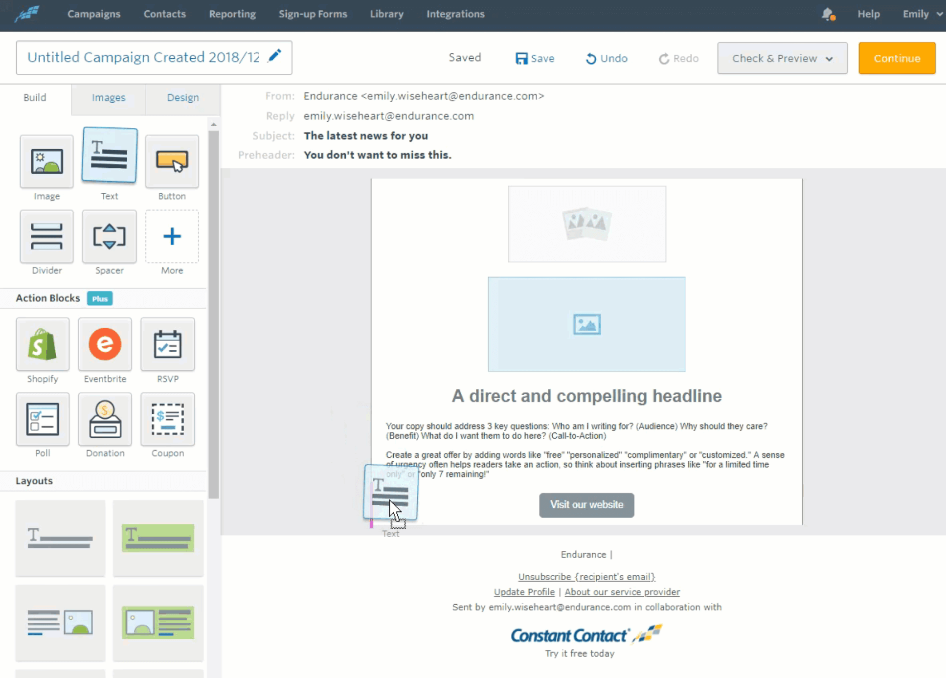 Screenshot of Constant Contact's email builder