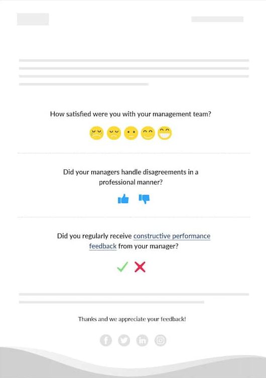 Screenshot of management pulse survey template created using ContactMonkey's email template builder.