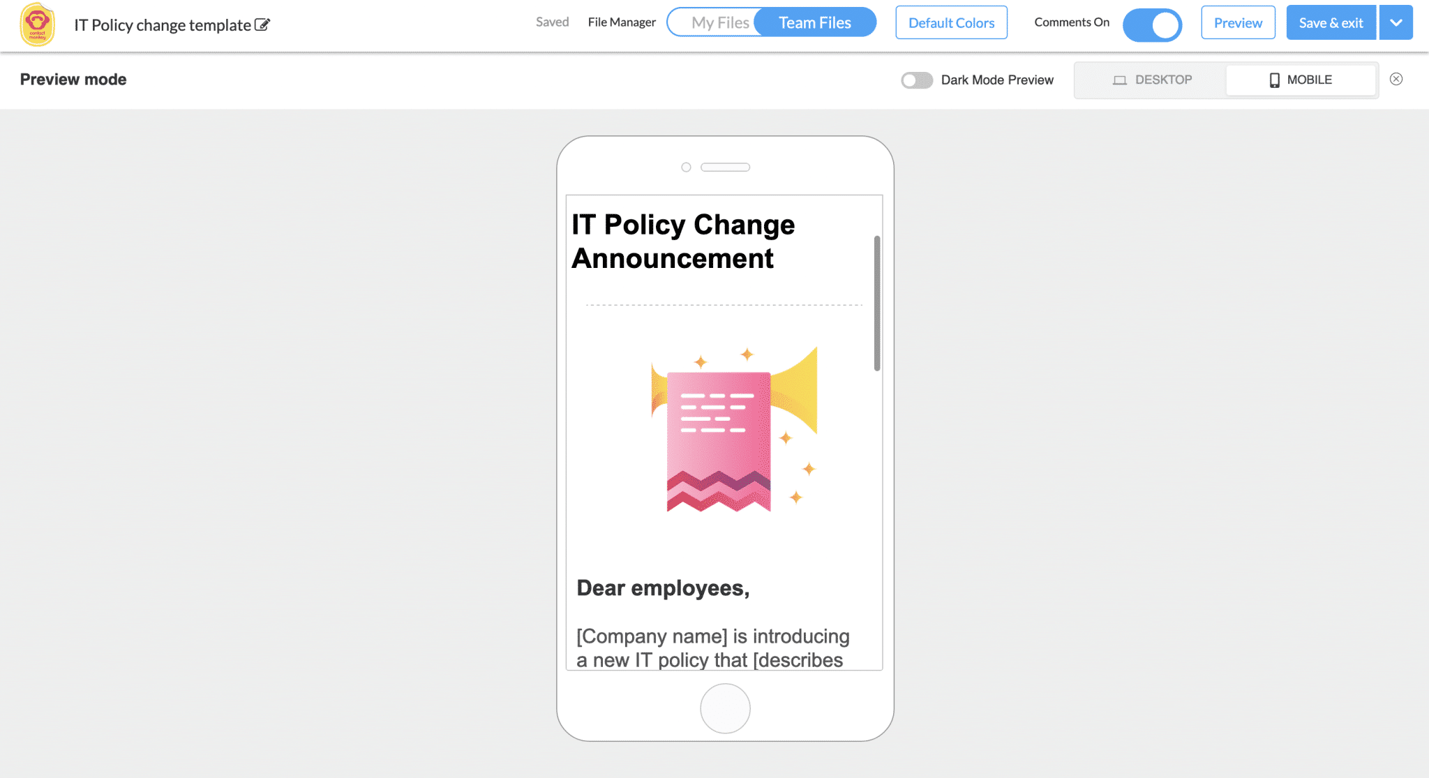 Screenshot of IT policy newsletter being previewed for mobile devices using ContactMonkey's email template builder.