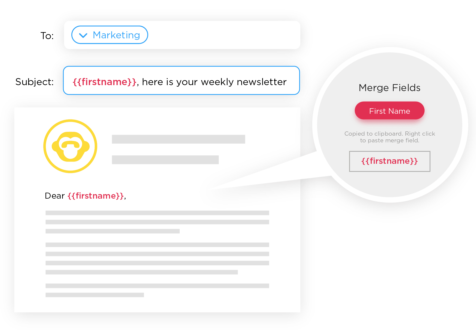 Screenshot of ContactMonkey's Merge Tags being used to customize text in an email draft.