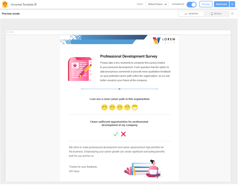 Screenshot of ContactMonkey's email template builder being used to create a career-oriented employee newsletter including emoji feedback options.