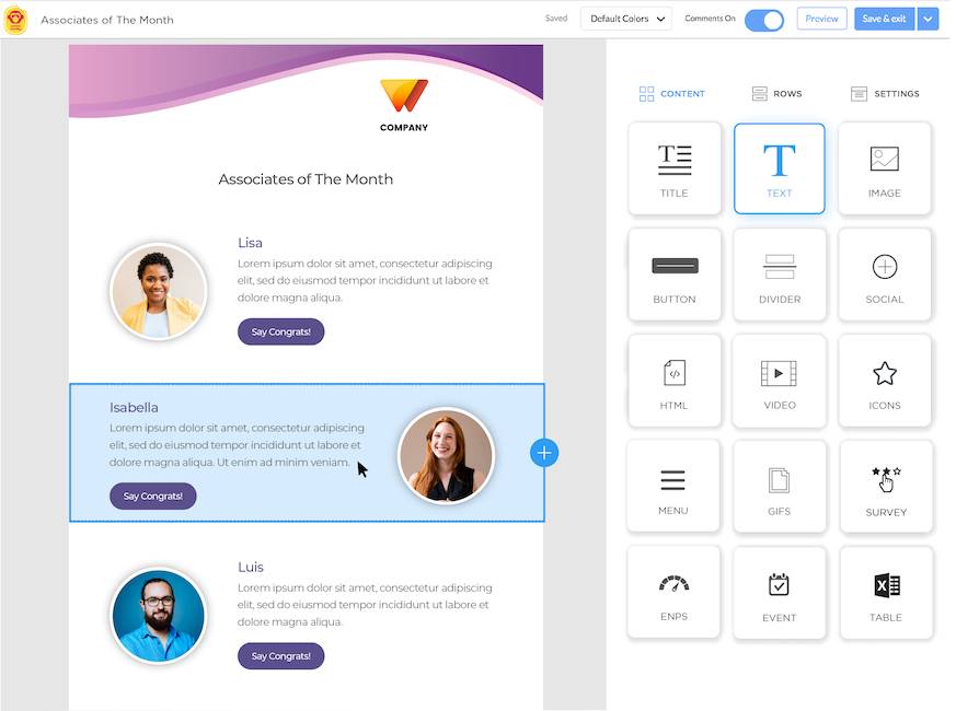 Screenshot of employee of the month email template created using ContactMonkey's email template builder.