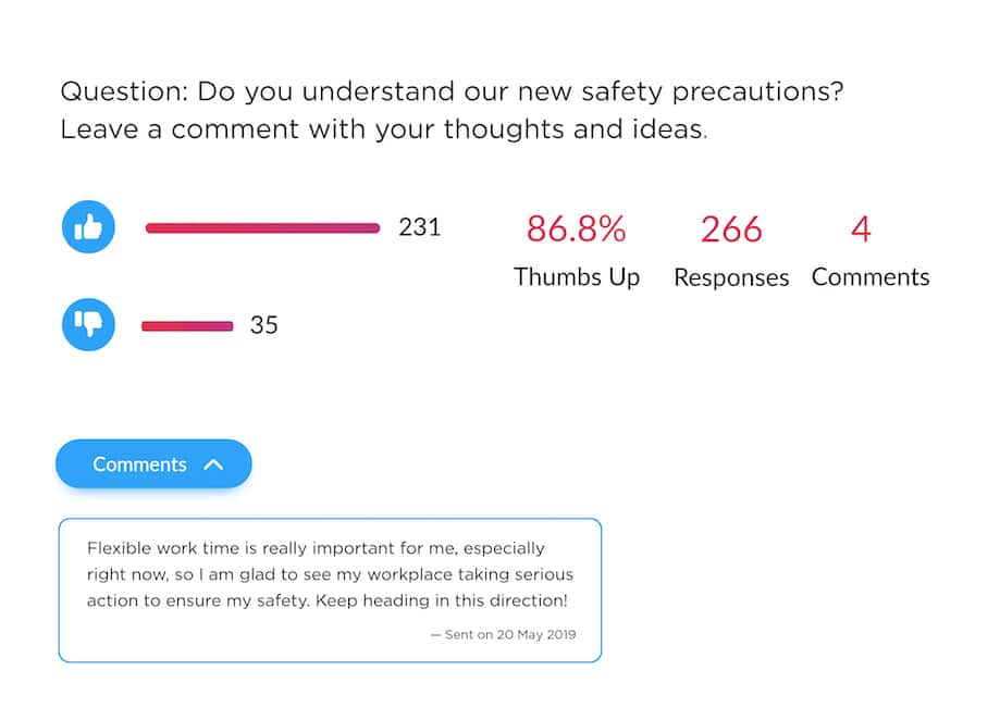 Screenshot of pulse survey results and anonymous employee feedback within ContactMonkey's email analytics dashboard.