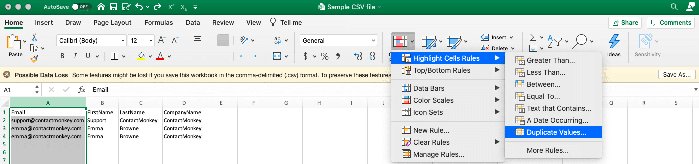 Screenshot of CSV file for email.
