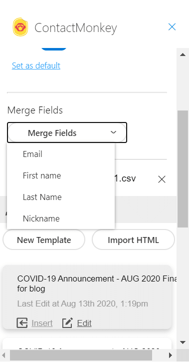 Screenshot of merge field settings within ContactMonkey's Outlook integration.