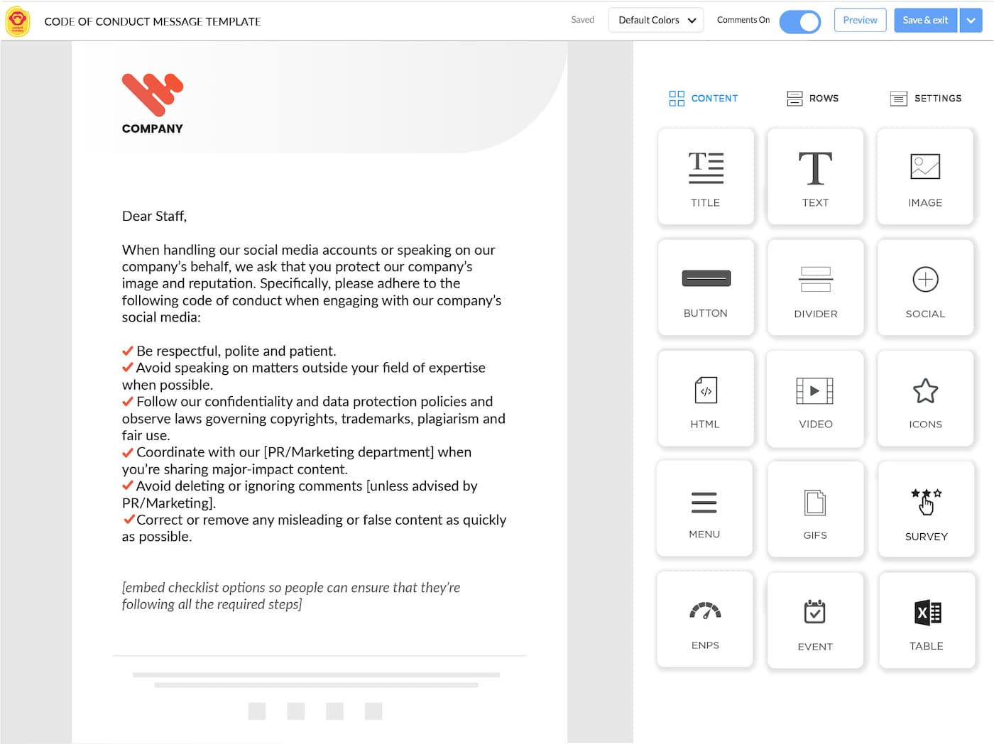 Image of code of conduct internal communication template created using ContactMonkey's email template builder.