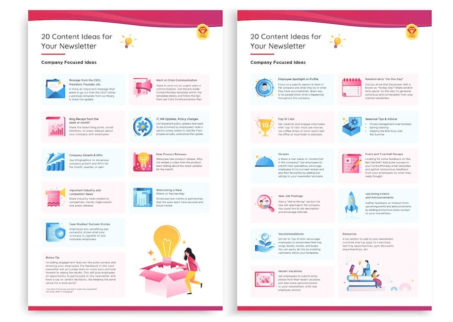 Image of downloadable resource for ContactMonkey's 20 Content Ideas for Your Employee Newsletter