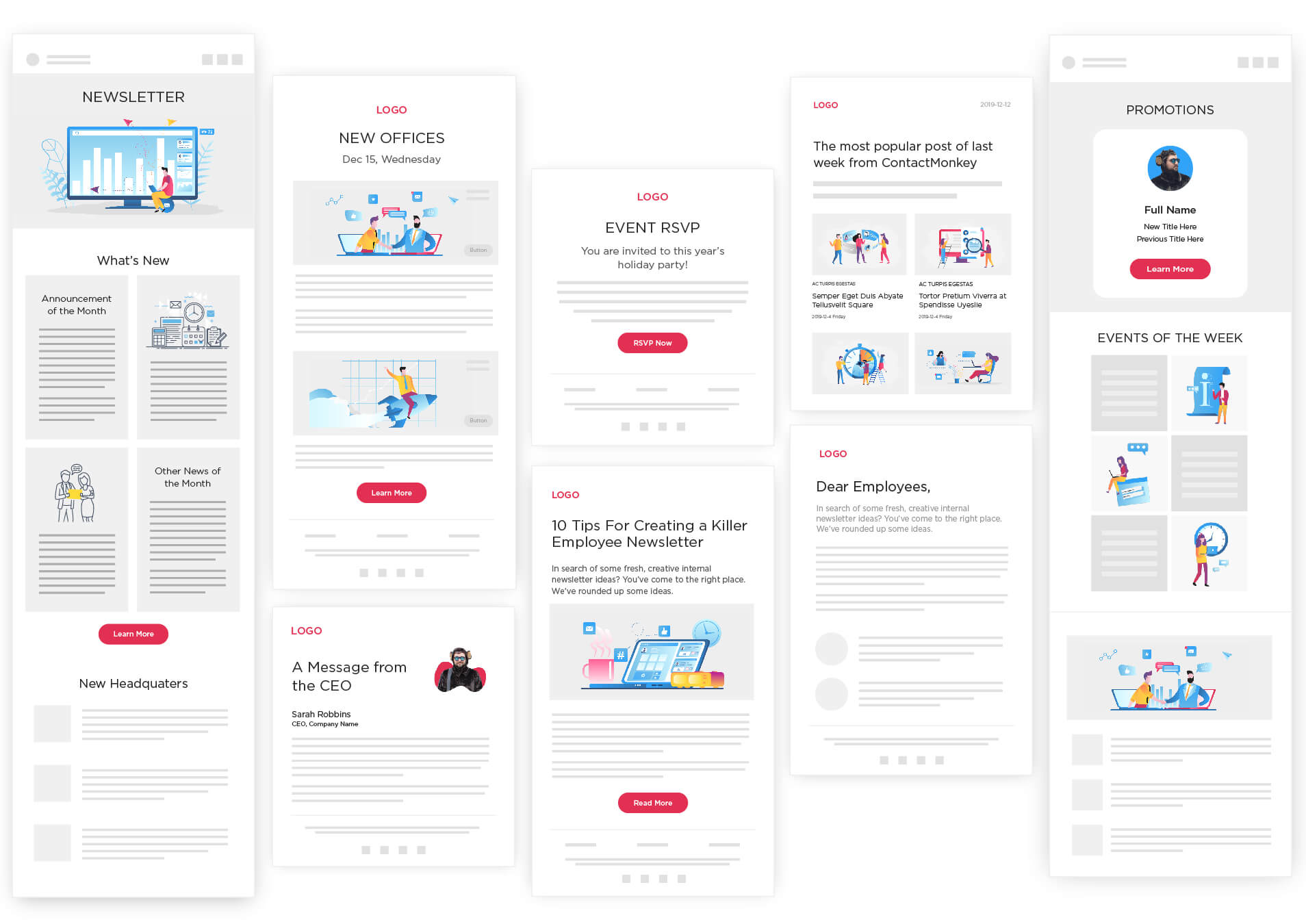 Image of different employee newsletter templates found in ContactMonkey's email template library.