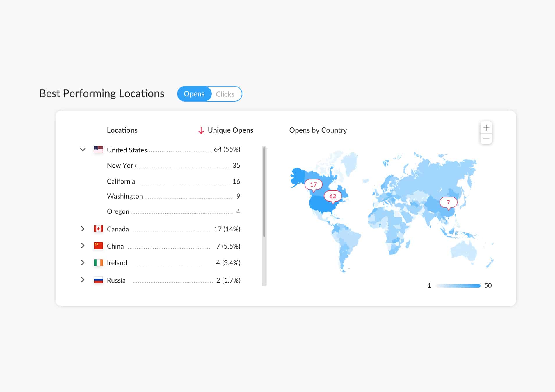 ContactMonkey's email analytics dashboard showing user location metrics for an email campaign.