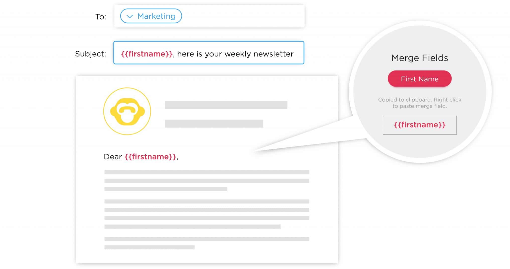 Image of merge fields being used in an email to create personalized subject lines and body copy using ContactMonkey's internal newsletter tool.