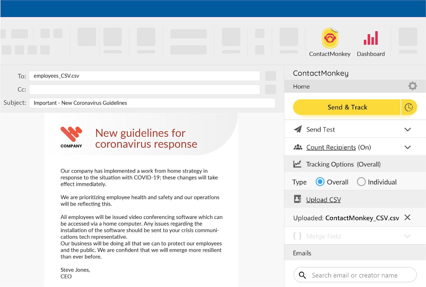 Image of crisis communications internal communications template created using ContactMonkey's email template builder.