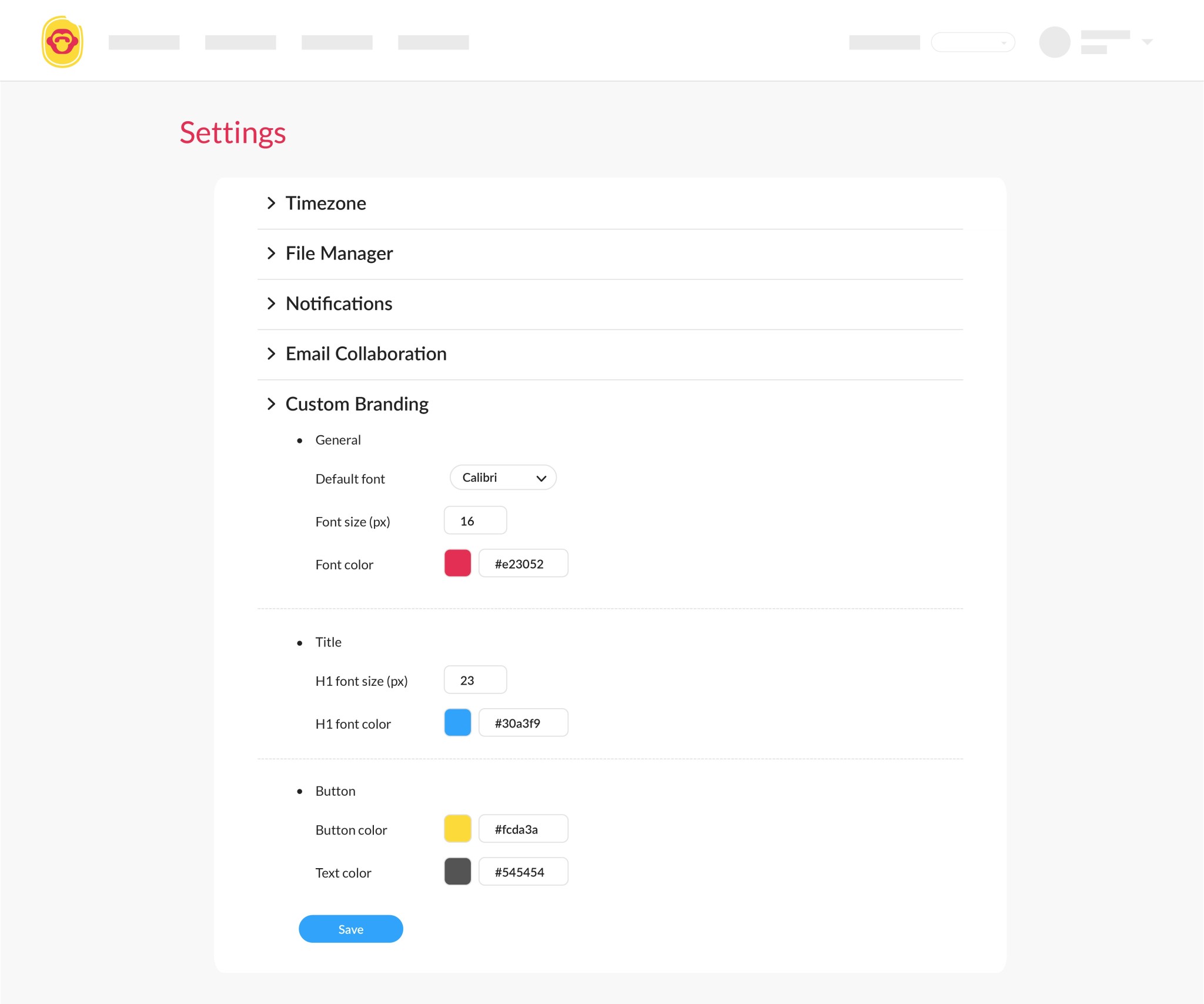 Screenshot of custom branding settings within ContactMonkey's internal communication tool.