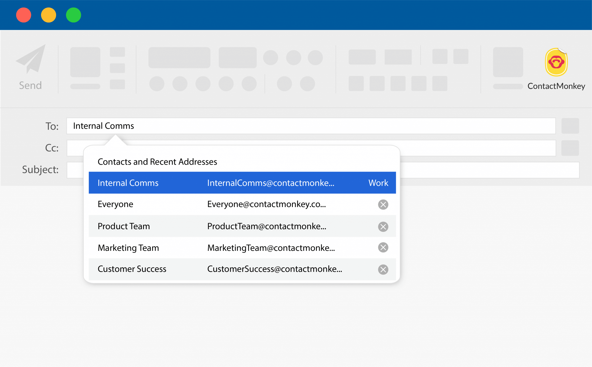 Screenshot of distribution list selection within Outlook.