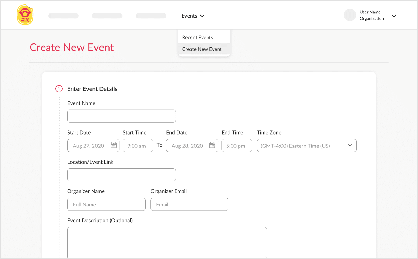 ContactMonkey's event creation page.