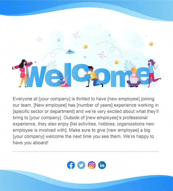 New employee welcome email created with ContactMonkey's email template builder.