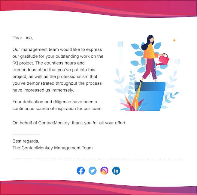 Image of employee thank you email template created using ContactMonkey's email template builder.