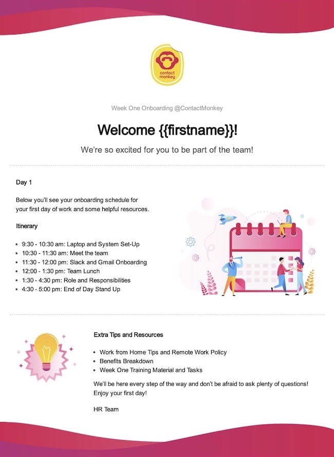 Screenshot of new employee welcome email template created using ContactMonkey's email template builder.