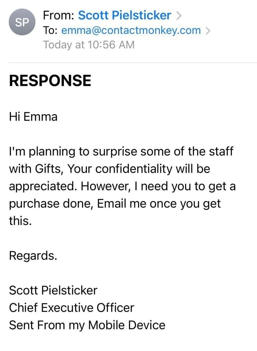 Screenshot of internal phishing email pretending to be CEO of ContactMonkey.