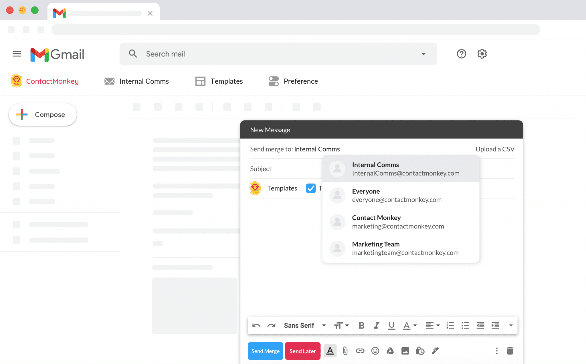 Screenshot of ContactMonkey's internal communication tool plugin for Gmail.