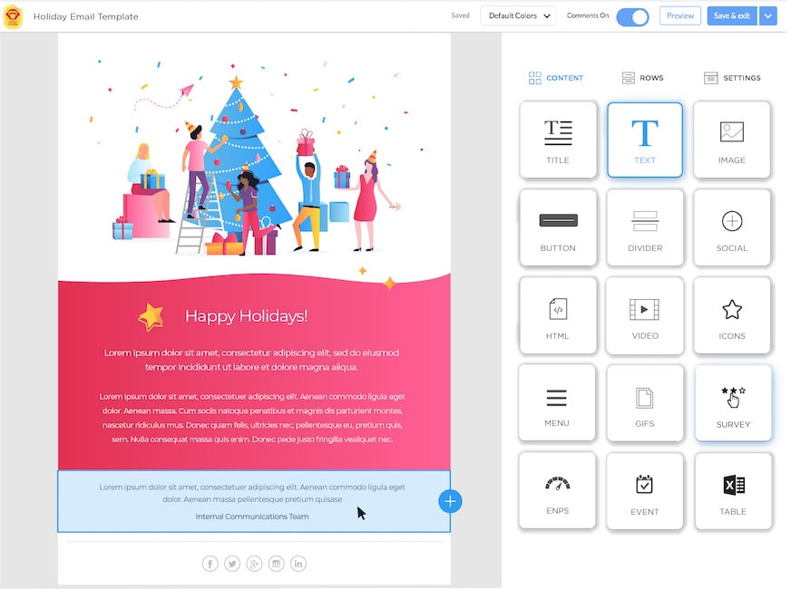 Screenshot of holiday email newsletter template within ContactMonkey's email template builder.