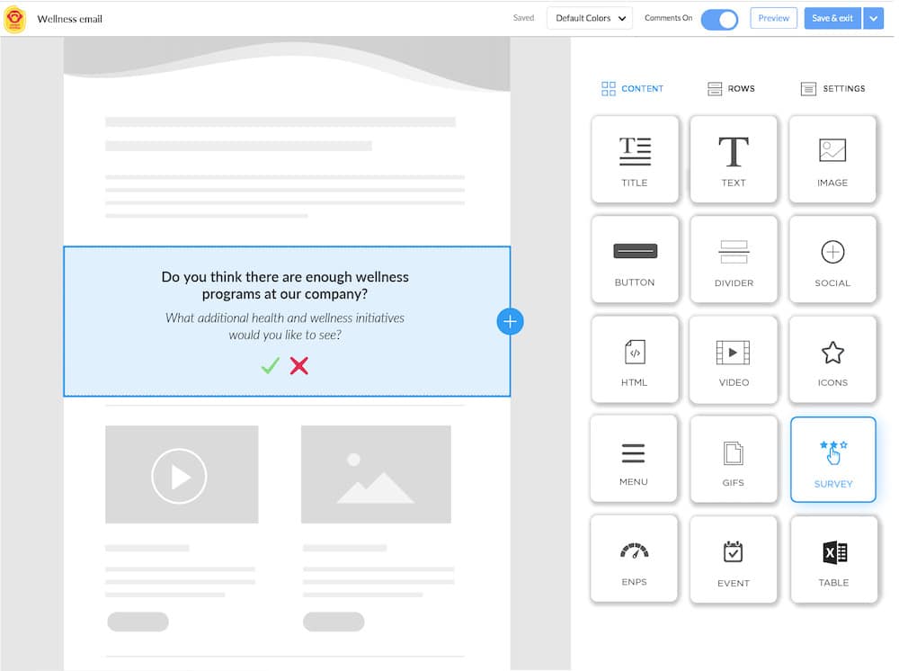 Screenshot of wellness survey embedded into an email template using ContactMonkey's email template builder.