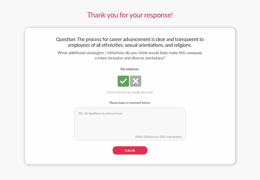Screenshot of completed anonymous employee comment box inserted into an email using ContactMonkey's email template builder.
