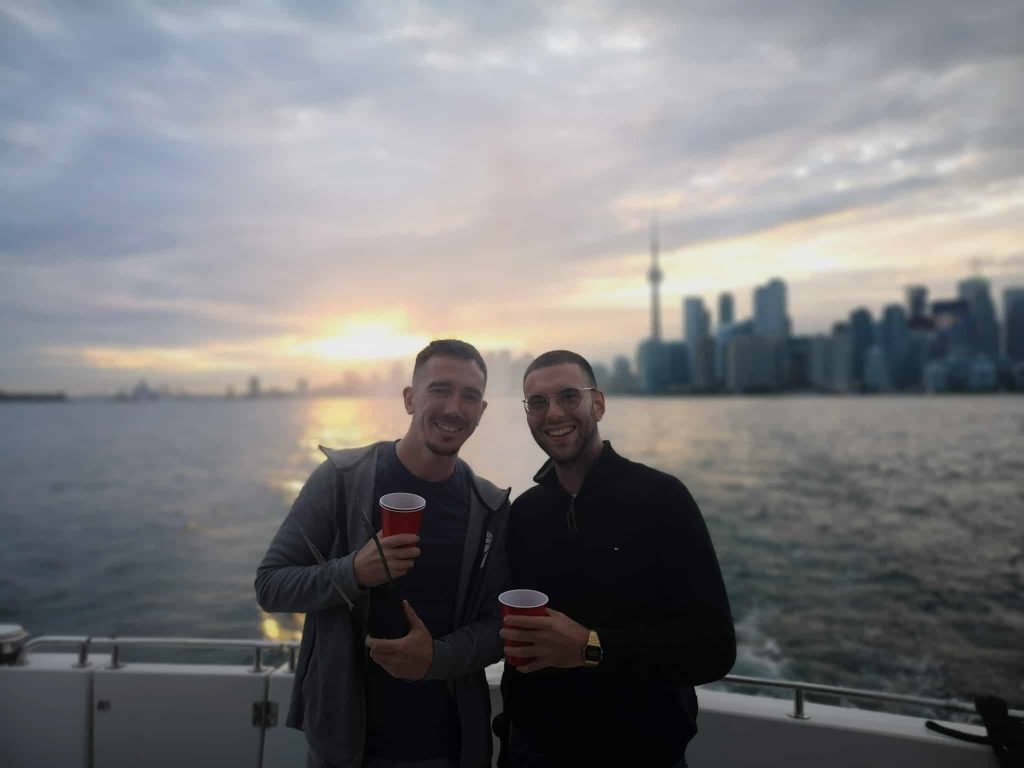 Two male co-workers at event