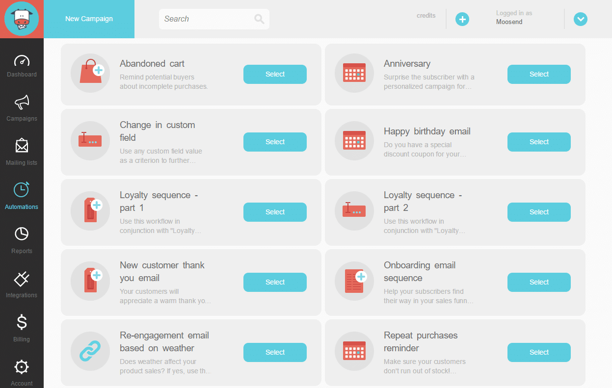Screenshot of Moosend dashboard.