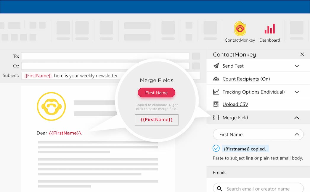 Screenshot of merge tags inserted into an email using ContactMonkey's email template builder.
