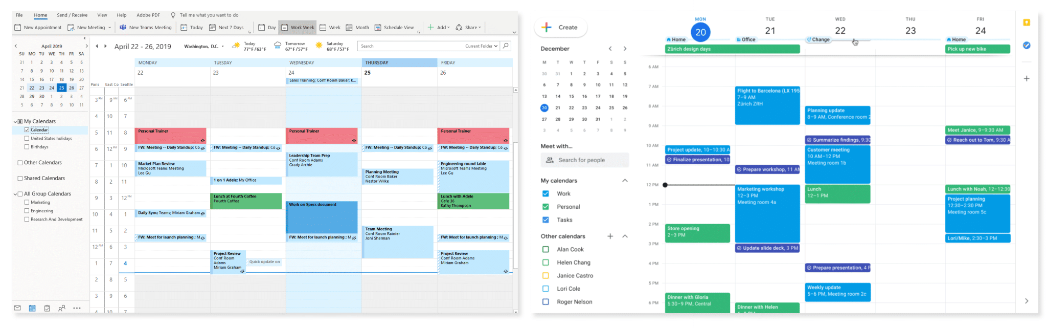 Side-by-side comparison of Outlook and Gmail calendars.