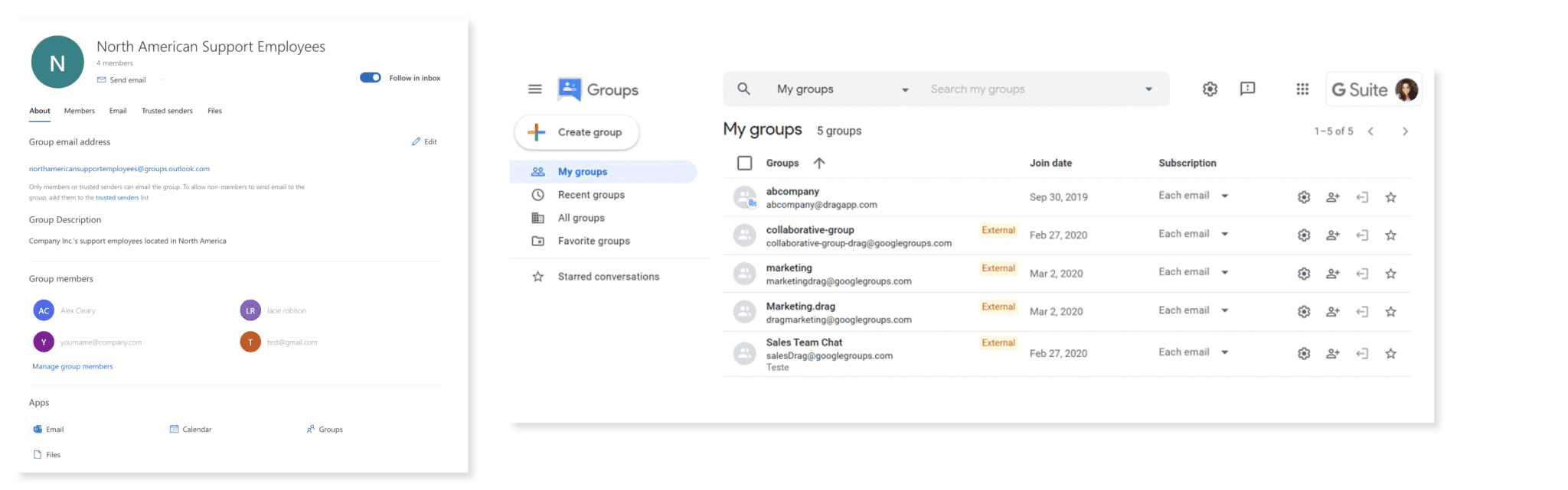 Side-by-side comparison of Outlook and Gmail contact lists.