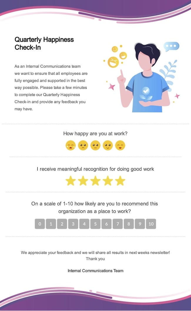 Screenshot of employee wellness survey template created using ContactMonkey's email template builder.