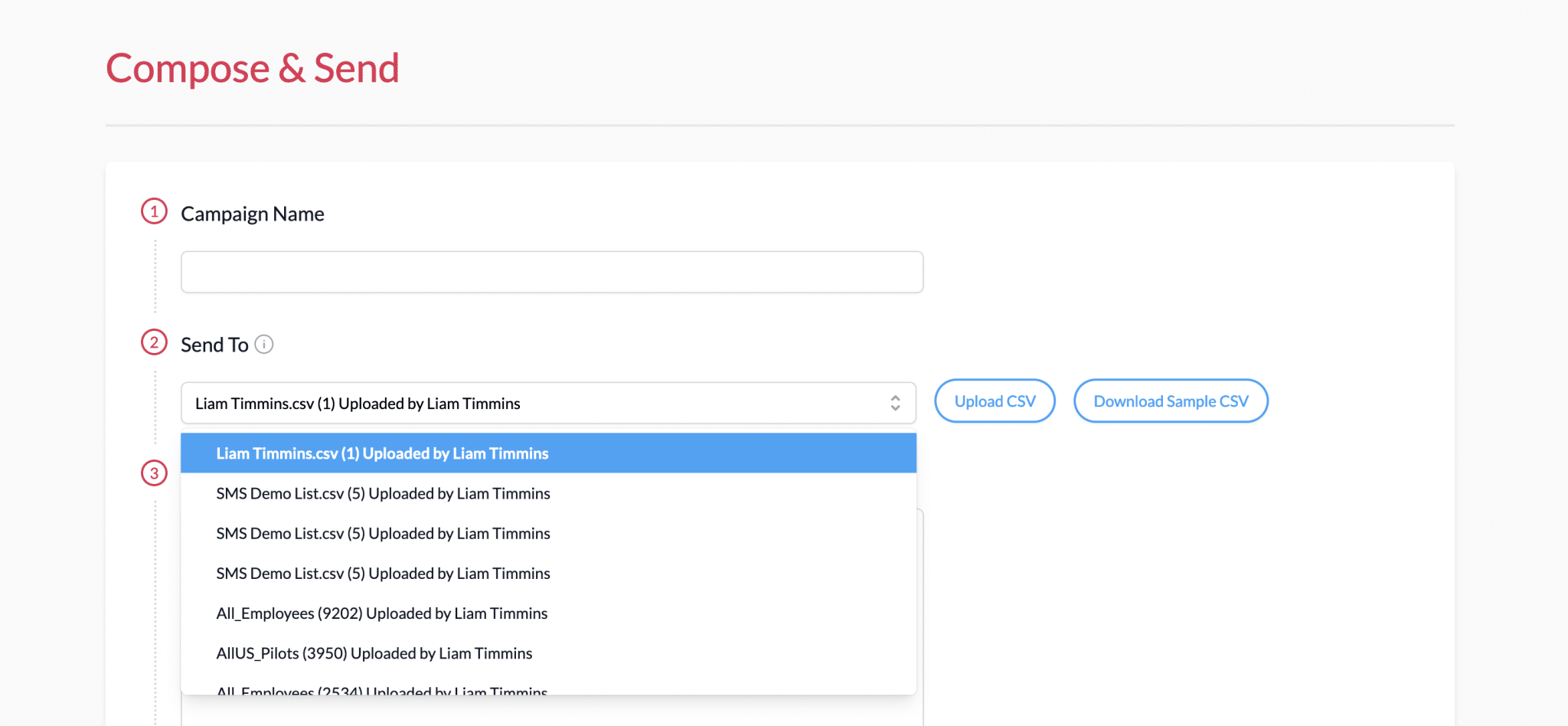 Screenshot of distribution list selection menu within ContactMonkey's SMS dashboard.