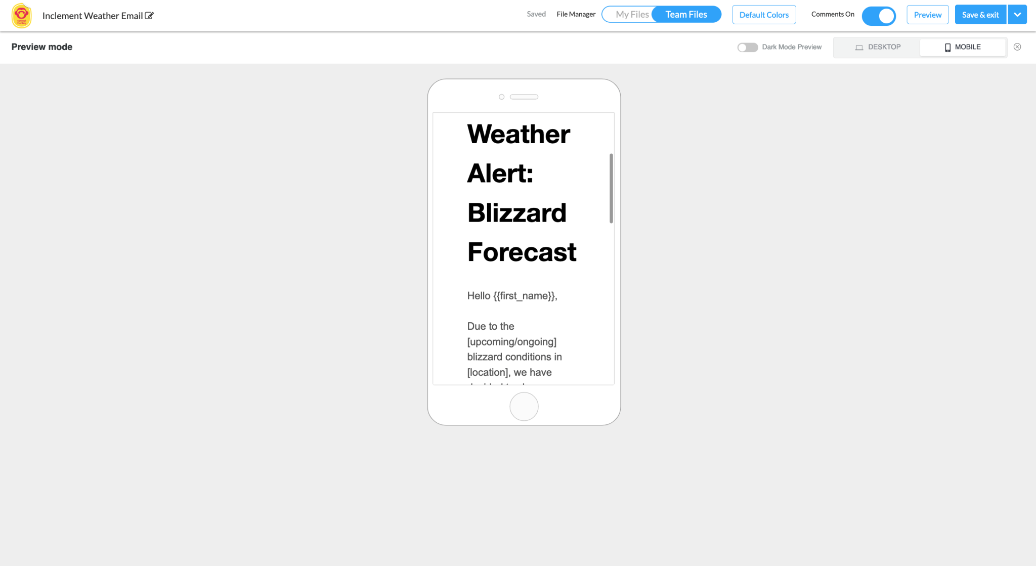 Screenshot of inclement weather email template being previewed for mobile devices within ContactMonkey.