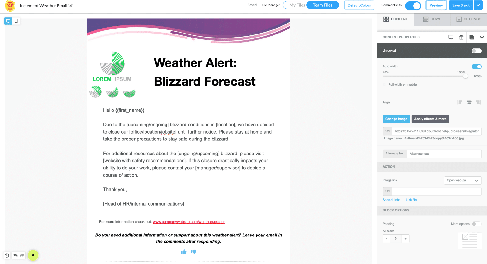 Screenshot of sample inclement weather email template in ContactMonkey's email template builder.