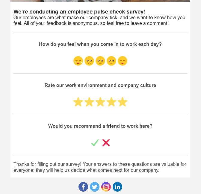 Screenshot of employee pulse surveys inserted into an email newsletter using ContactMonkey's email template builder.