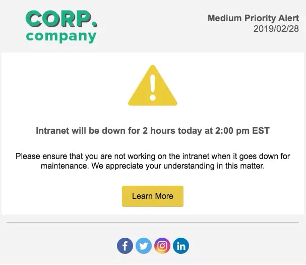 Screenshot of email alert created within ContactMonkey's email template builder. 