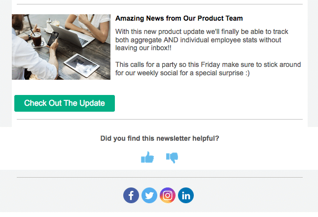 Screenshot of pulse survey inserted into the bottom of an email newsletter using ContactMonkey's email template builder.