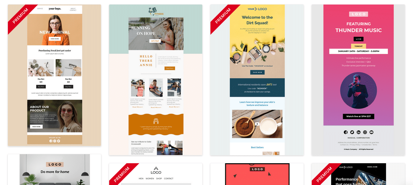 Screenshot of email templates of Unlayer.