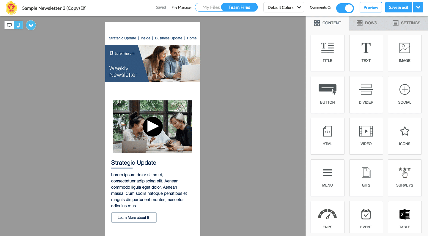 Screenshot of email newsletter being viewed in a mobile preview within ContactMonkey's email template builder.