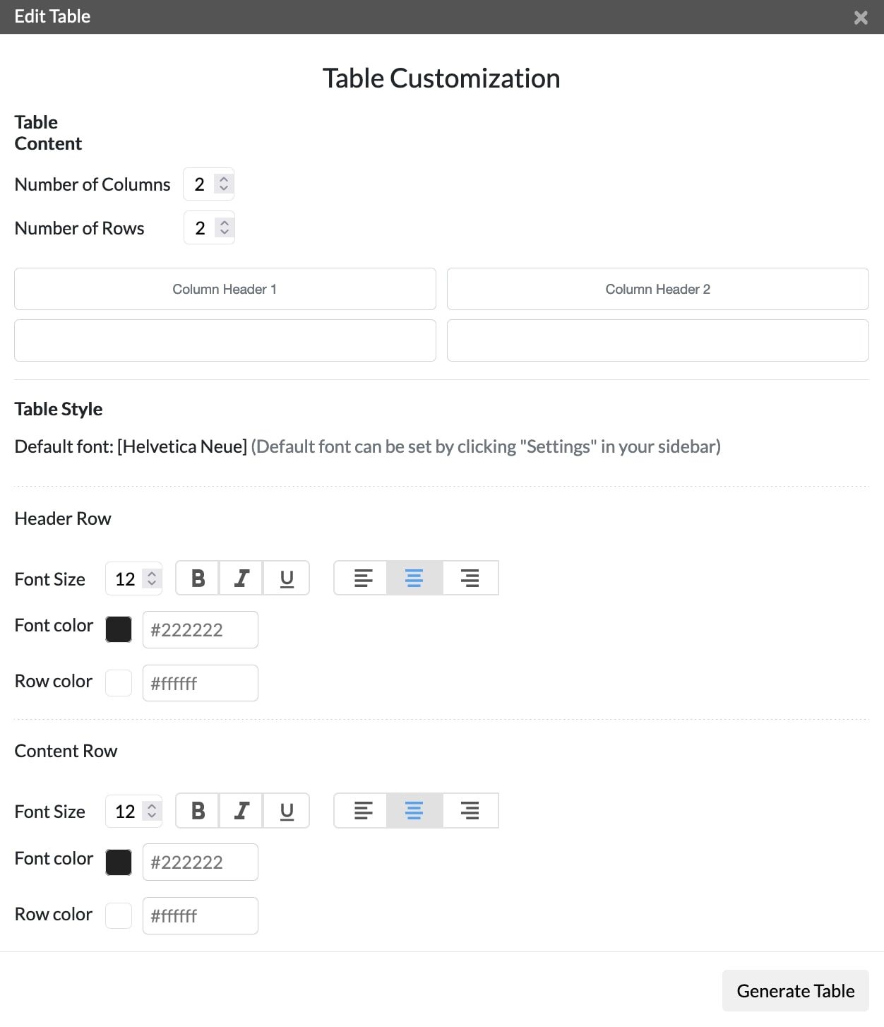 Screenshot of table tool menu within ContactMonkey's email template builder.