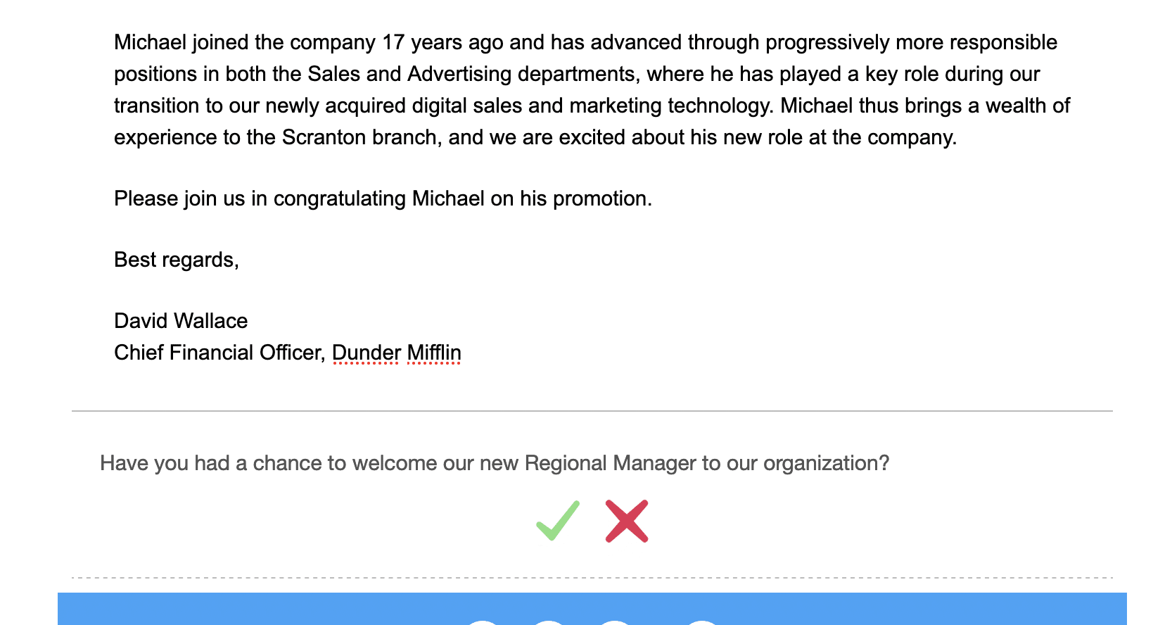 Sample employee email with an embedded pulse survey.