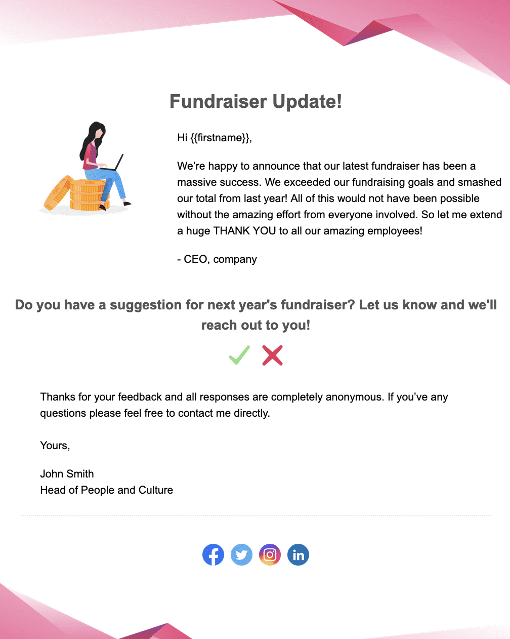 Screenshot of fundraiser email example template created using ContactMonkey.