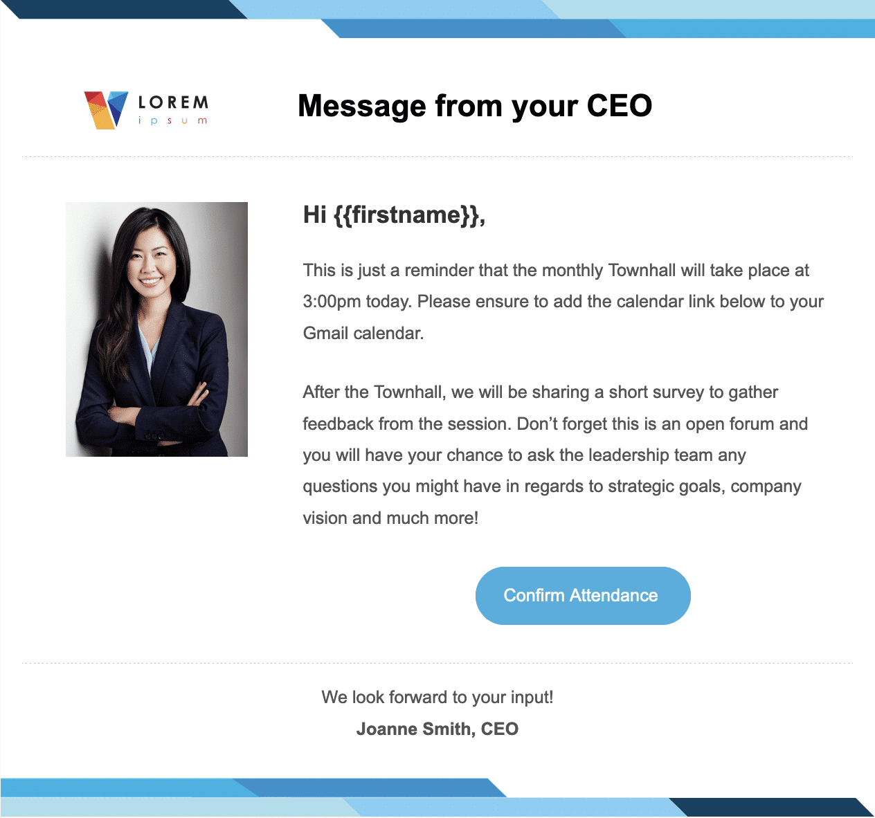 Screenshot of CEO leadership communication template created using ContactMonkey's email template builder.
