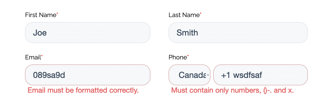 Screenshot of online form incorrectly filled out, with indicators as to which fields need to be updated.