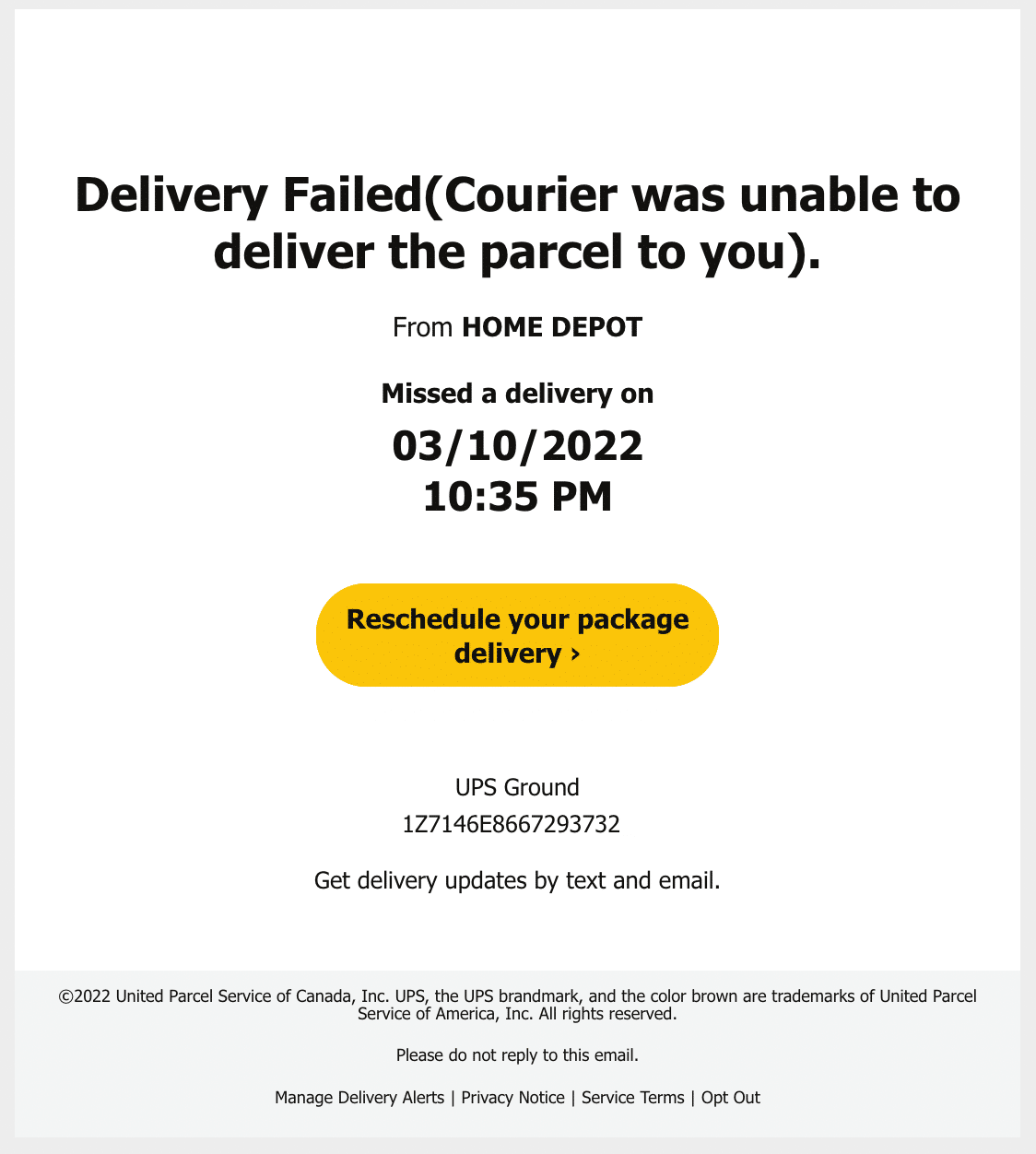 Screenshot of phishing email pretending to be from UPS.