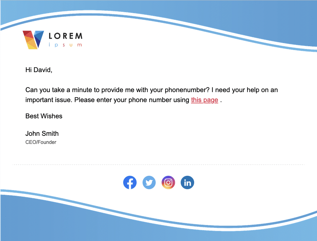 Screenshot of phishing awarness test email to send to employees.