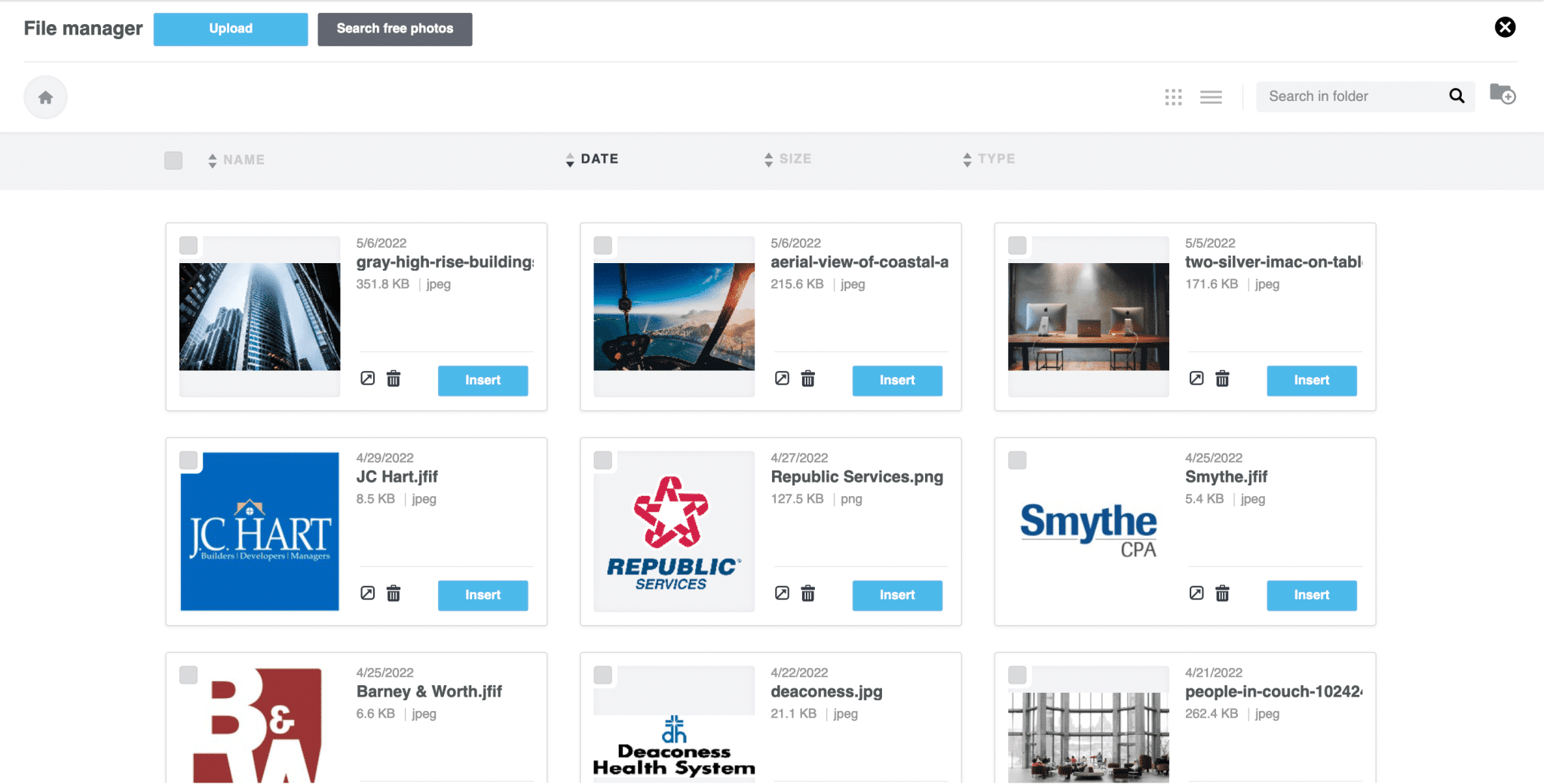 Screenshot of file manager within ContactMonkey's email template builder.