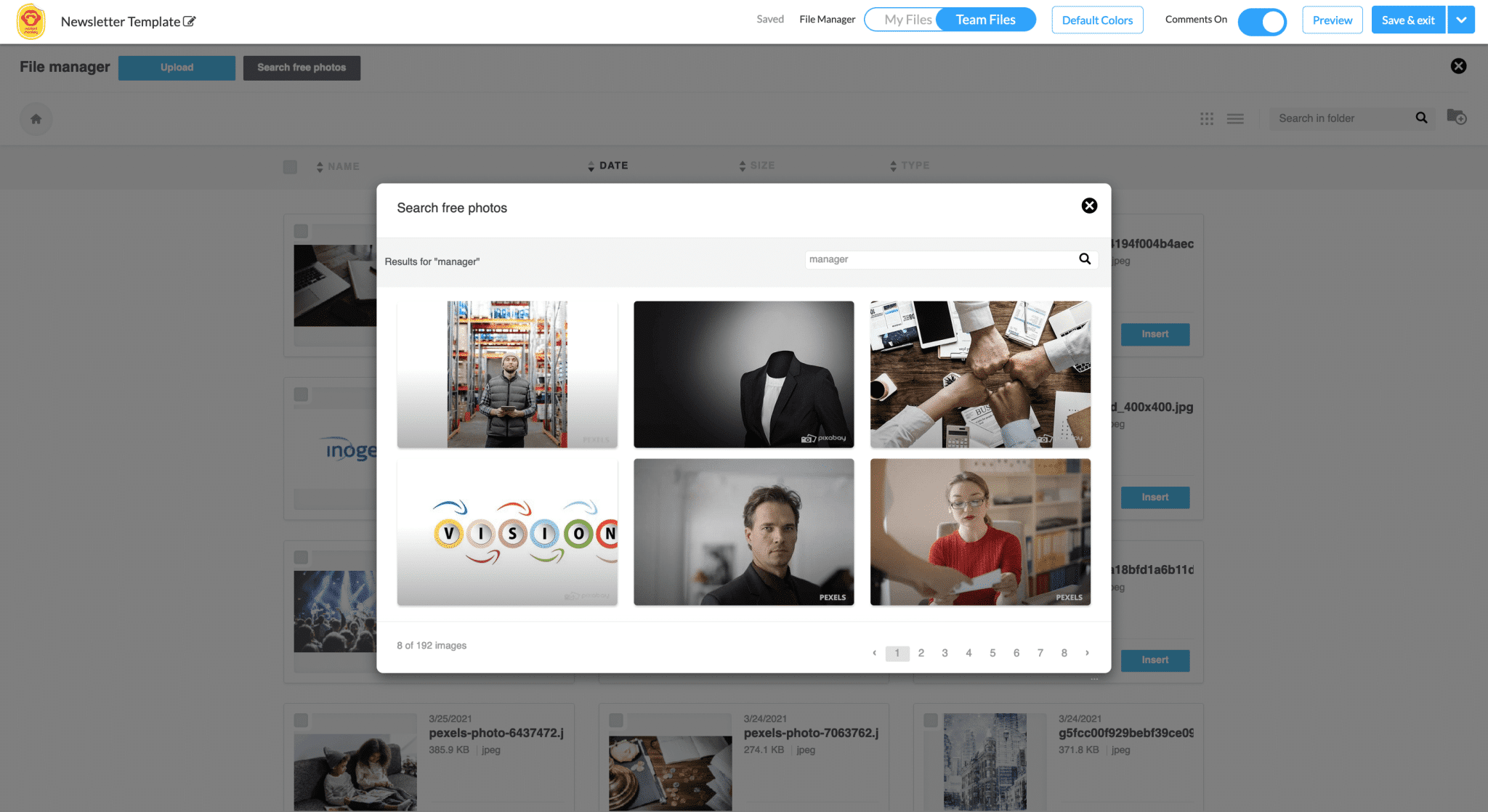 Screenshot of free image library within ContactMonkey's email template builder.